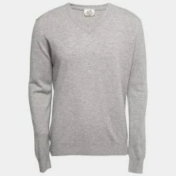 Hermes Grey Cashmere V-Neck Long Sleeve Sweater XXL For Men
