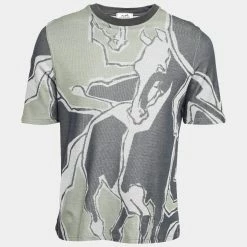 Hermes Hermès Grey/Green Horse Printed Cotton Crew Neck T-Shirt L For Men