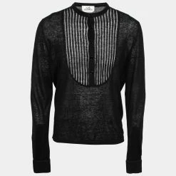 Hermes Black Linen-Blend Knit Mandarin Collar Shirt L For Men
