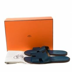 Hermes Blue Leather Izmir Slip On Slides Size 45 For Men -Deals Hermes Store luxury men hermes used shoes p215341 009