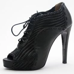 Hermes Black Woven Lace Up Peep Toe Booties Size 37 For Men