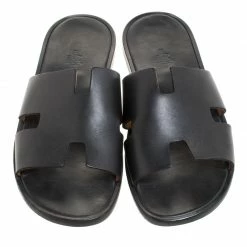 Hermes Black Leather Izmir Flat Slides Size 43 For Men -Deals Hermes Store luxury men hermes used shoes p260984 005