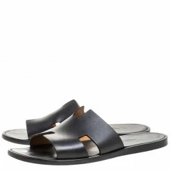 Hermes Black Leather Izmir Flat Slides Size 43 For Men -Deals Hermes Store luxury men hermes used shoes p260984 007