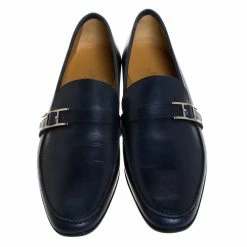 Hermes Marine Blue Leather Dan Loafers Size 43.5 For Men -Deals Hermes Store luxury men hermes used shoes p271356 004