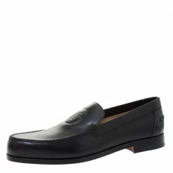 Hermes Black Logo Embossed Leather Slip On Loafers Size 41.5 For Men