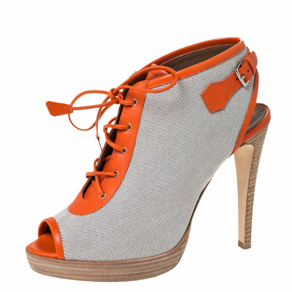 Hermes Grey Canvas And Orange Leather Trim Lace Up Peep Toe Platform Booties Size 40 For Men 3 Hermes Grey Canvas And Orange Leather Trim Lace Up Peep Toe Platform Booties Size 40 For Men