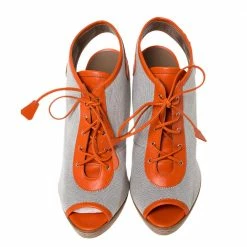 Hermes Grey Canvas And Orange Leather Trim Lace Up Peep Toe Platform Booties Size 40 For Men 13 Hermes Grey Canvas And Orange Leather Trim Lace Up Peep Toe Platform Booties Size 40 For Men -Deals Hermes Store luxury men hermes used shoes p299402 005