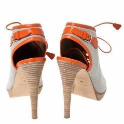 Hermes Grey Canvas And Orange Leather Trim Lace Up Peep Toe Platform Booties Size 40 For Men 15 Hermes Grey Canvas And Orange Leather Trim Lace Up Peep Toe Platform Booties Size 40 For Men -Deals Hermes Store luxury men hermes used shoes p299402 006
