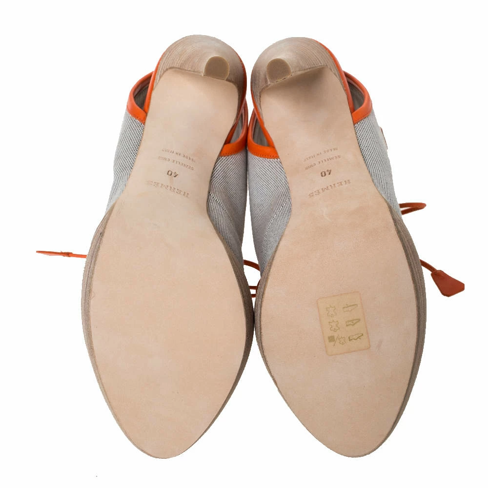 Hermes Grey Canvas And Orange Leather Trim Lace Up Peep Toe Platform Booties Size 40 For Men 8 Hermes Grey Canvas And Orange Leather Trim Lace Up Peep Toe Platform Booties Size 40 For Men - Image 6