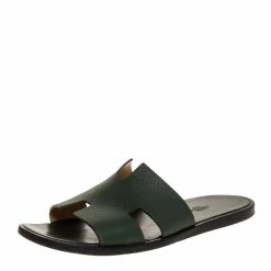 Hermes Green Leather Izmir Flat Slides Size 43.5 For Men