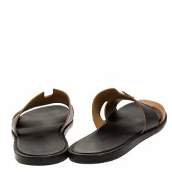 Hermes Black/Brown Leather Izmir Flat Slides Size 43.5 For Men -Deals Hermes Store luxury men hermes used shoes p317968 002