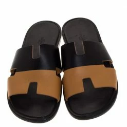 Hermes Black/Brown Leather Izmir Flat Slides Size 43.5 For Men -Deals Hermes Store luxury men hermes used shoes p317968 004