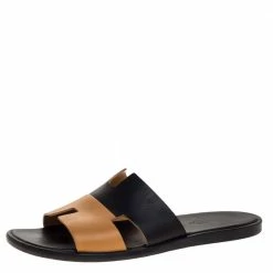 Hermes Black/Brown Leather Izmir Flat Slides Size 43.5 For Men