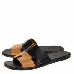 Hermes Black/Brown Leather Izmir Flat Slides Size 43.5 For Men -Deals Hermes Store luxury men hermes used shoes p317968 007