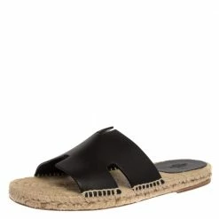 Hermes Black Leather Antigua Espadrille Sandals Size 41 For Men