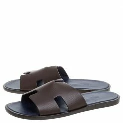 Hermes Brown/Blue Epsom Leather Izmir Flat Slides Size 43 For Men -Deals Hermes Store luxury men hermes used shoes p341092 001