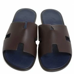 Hermes Brown/Blue Epsom Leather Izmir Flat Slides Size 43 For Men -Deals Hermes Store luxury men hermes used shoes p341092 005