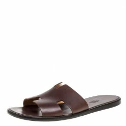 Hermes Brown Leather Izmir Flat Slides Size 42.5 For Men
