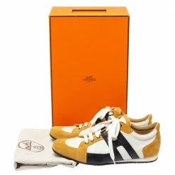 Hermes Tricolor Leather And Suede Tie Break Low Top Sneakers Size 41 For Men -Deals Hermes Store luxury men hermes used shoes p380817 008