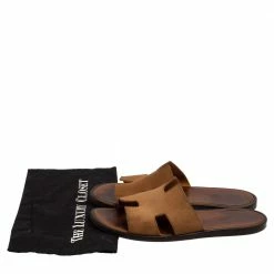 Hermes Brown Suede Izmir Flat Slides Size 43.5 For Men -Deals Hermes Store luxury men hermes used shoes p413321 007