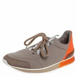 Hermes Hermés Grey/Orange Neoprene And Leather Miles Low Top Sneakers Size 44.5 For Men