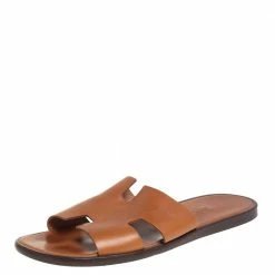 Hermes Brown Leather Izmir Flat Slides Size 42 For Men