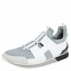 Hermes Grey/White Leather And Fabric Player Sneakers Size 42 For Men