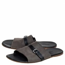 Hermes Grey/Black Suede And Leather Slide Sandals Size 41 For Men -Deals Hermes Store luxury men hermes used shoes p460604 001