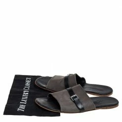 Hermes Grey/Black Suede And Leather Slide Sandals Size 41 For Men -Deals Hermes Store luxury men hermes used shoes p460604 003