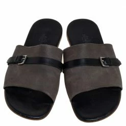 Hermes Grey/Black Suede And Leather Slide Sandals Size 41 For Men -Deals Hermes Store luxury men hermes used shoes p460604 006