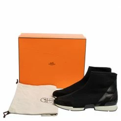 Hermes Black Knit Fabric And Leather Soft High Top Sneakers Size 43.5 For Men -Deals Hermes Store luxury men hermes used shoes p468789 001