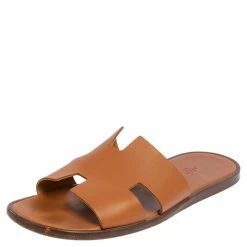 Hermes Tan Leather Izmir Flat Slides Size 44 For Men