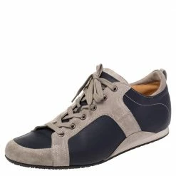 Hermes Navy Blue/Grey Leather And Suede Lace Up Sneakers Size 43 For Men