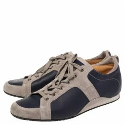 Hermes Navy Blue/Grey Leather And Suede Lace Up Sneakers Size 43 For Men -Deals Hermes Store luxury men hermes used shoes p485857 007