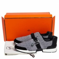 Hermes Grey/Black Fabric And Leather Run Sneakers Size 42.5 For Men -Deals Hermes Store luxury men hermes used shoes p487090 009