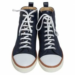 Hermes Navy Blue Canvas And Leather Jimmy High Top Sneakers Size 41.5 For Men -Deals Hermes Store luxury men hermes used shoes p488855 004