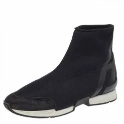 Hermes Black Knit Fabric And Leather Soft High Top Sneakers Size 40 For Men