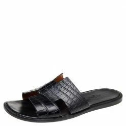 Hermes Black Alligator Leather Izmir Flat Sandals Size 43 For Men