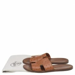 Hermes Brown Ostrich Leather Izmir Slide Sandals Size 43 For Men -Deals Hermes Store luxury men hermes used shoes p517171 008