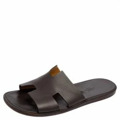Hermes Dark Brown Leather Izmir Slide Sandals Size 43.5 For Men