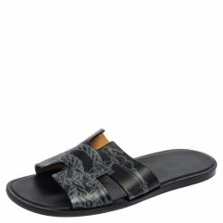 Hermes Black Ferronnerie Print Leather Izmir Flat Sandals Size 45 For Men