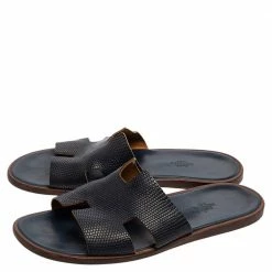 Hermes Hermés Navy Blue Lizard Embossed Leather Izmir Flat Slides Size 44.5 For Men -Deals Hermes Store luxury men hermes used shoes p567874 004