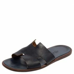 Hermes Hermés Navy Blue Lizard Embossed Leather Izmir Flat Slides Size 44.5 For Men