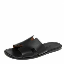 Hermes Black Leather Izmir Flat Slides Size 43.5 For Men
