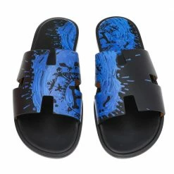 Hermes Blue/Black Leather Peinture Fraiche Print Izmir Flat Slides Size 43 For Men -Deals Hermes Store luxury men hermes used shoes p594075 003