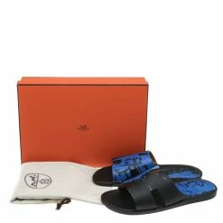 Hermes Blue/Black Leather Peinture Fraiche Print Izmir Flat Slides Size 43 For Men -Deals Hermes Store luxury men hermes used shoes p594075 004