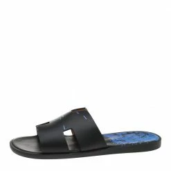 Hermes Blue/Black Leather Peinture Fraiche Print Izmir Flat Slides Size 43 For Men -Deals Hermes Store luxury men hermes used shoes p594075 007