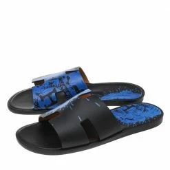 Hermes Blue/Black Leather Peinture Fraiche Print Izmir Flat Slides Size 43 For Men -Deals Hermes Store luxury men hermes used shoes p594075 008