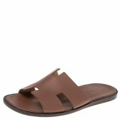 Hermes Tan Leather Izmir Flat Slides Size 46 For Men