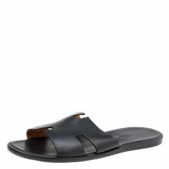 Hermes Black Leather Izmir Flat Slides Size 45 For Men